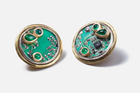 Fossil Earrings - 18kt gold, oxidised silver and emeralds