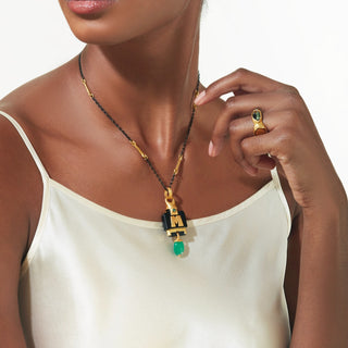 Memento Necklace - Gold & bronze chain and gold, emerald pendant