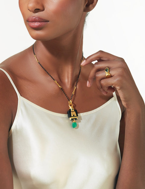 Memento Necklace - Gold & bronze chain and gold, emerald pendant