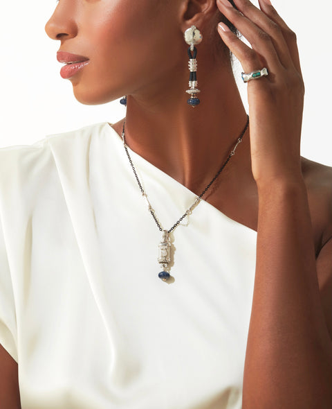 Voyage Necklace - White gold and bronze chain, diamonds, sapphire