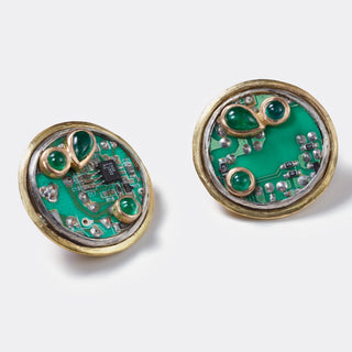 Fossil Earrings - 18kt gold, oxidised silver and emeralds