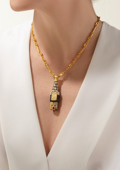 USB Necklace - 22kt gold chain and USB pendant with gold, oxidised silver and rubies